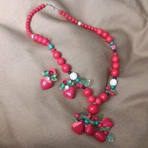 Strawberry Charm Necklace and Earrings Set